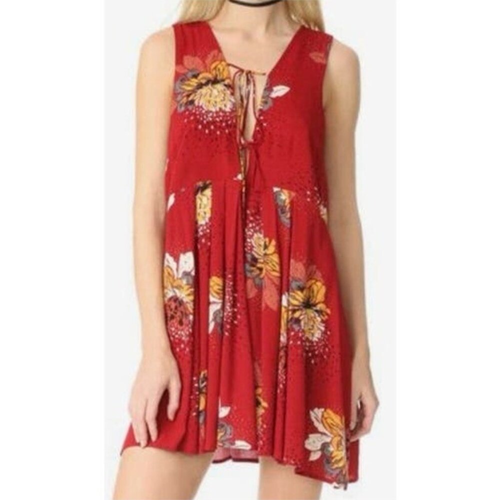 Free People Women Mini Dress  Tunic Small LOVELY DAY  Red Floral Boho Tie Up - Picture 3 of 10